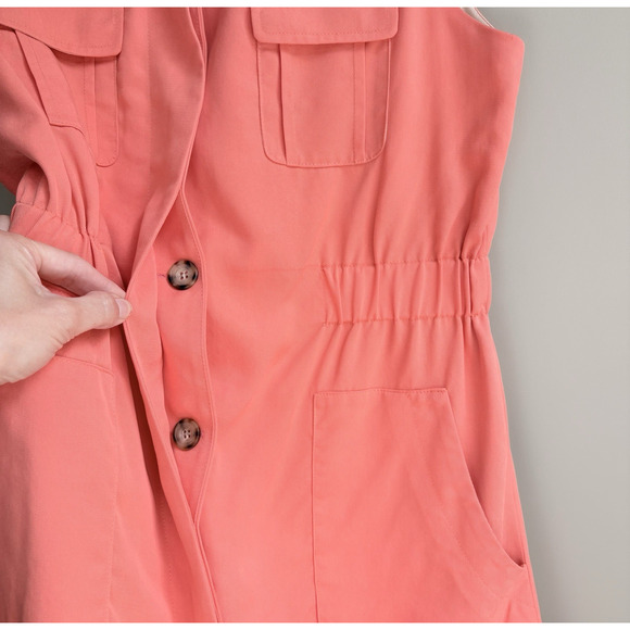 Matison Stone Tencel Button Up Utility Shirt Dress 10 Pocket Lined Coral Peach - Picture 8 of 16